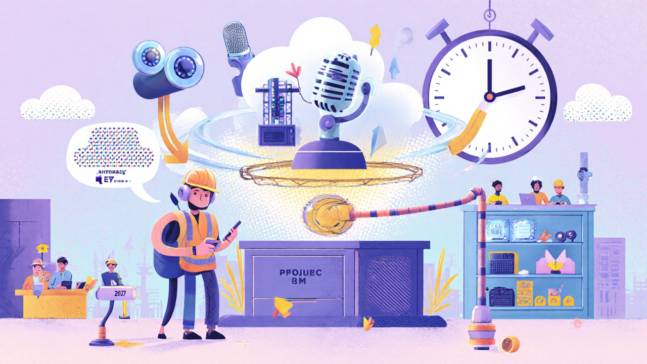 VoIP hub connects construction teams with AI flags errors in a BIM model, cartoon tech scene with radios in drawer.