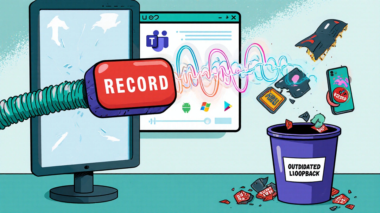 Worker recording a Teams call with clean audio stream, outdated tools crumbling into trash in background.