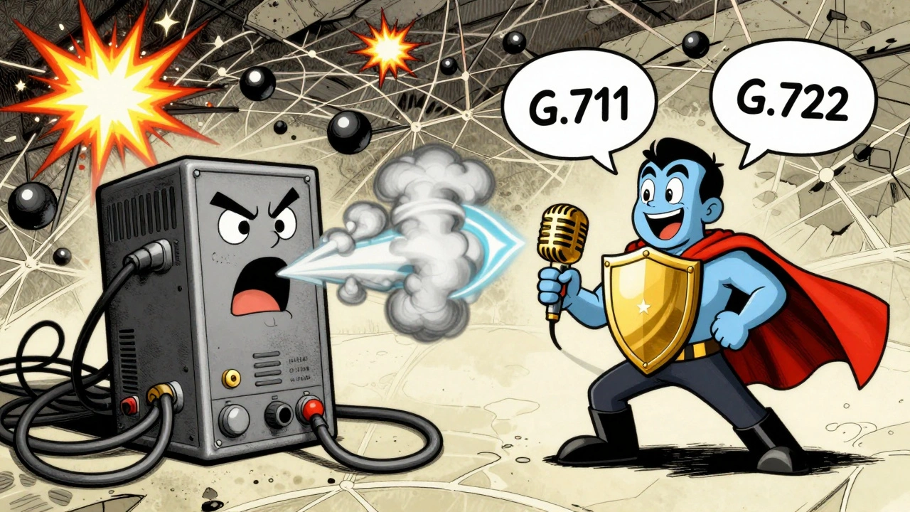 A battle between G.729 and G.711 recording systems with audio waves and network bombs in cartoon style.
