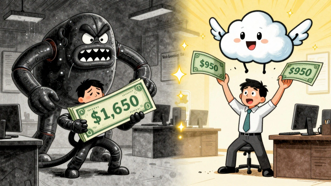 A business switching from a scary phone bill monster to a happy cloud mascot in bright cartoon illustration.