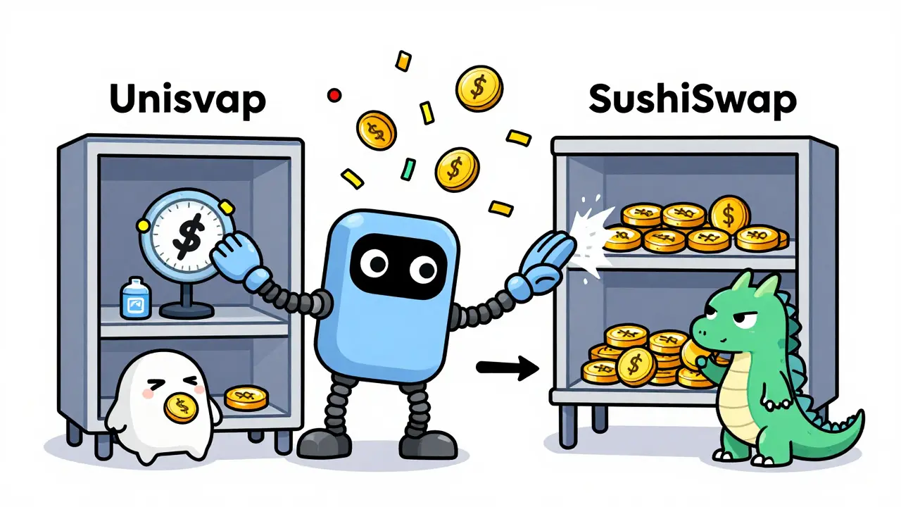 A cartoon bot buying low and selling high in a flash loan arbitrage, with coins flying and a repayment arrow returning funds.