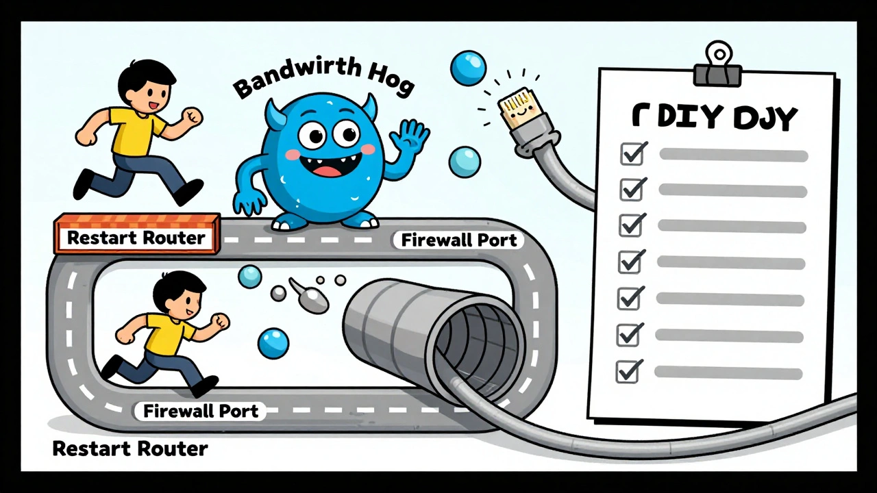 A cartoon person completing a DIY VoIP troubleshooting checklist as an obstacle course with bouncing checkmarks.