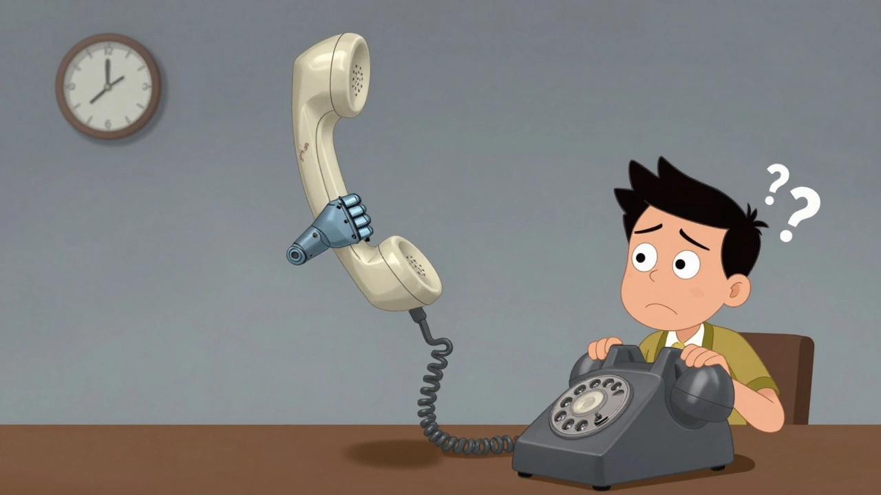 A comical plastic lifter arm struggling to lower a phone handset, which hovers awkwardly above its cradle.