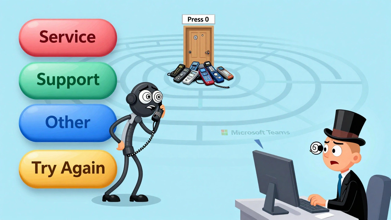 A confused caller lost in a maze of too many menu buttons, with a hidden &#039;Press 0&#039; exit.