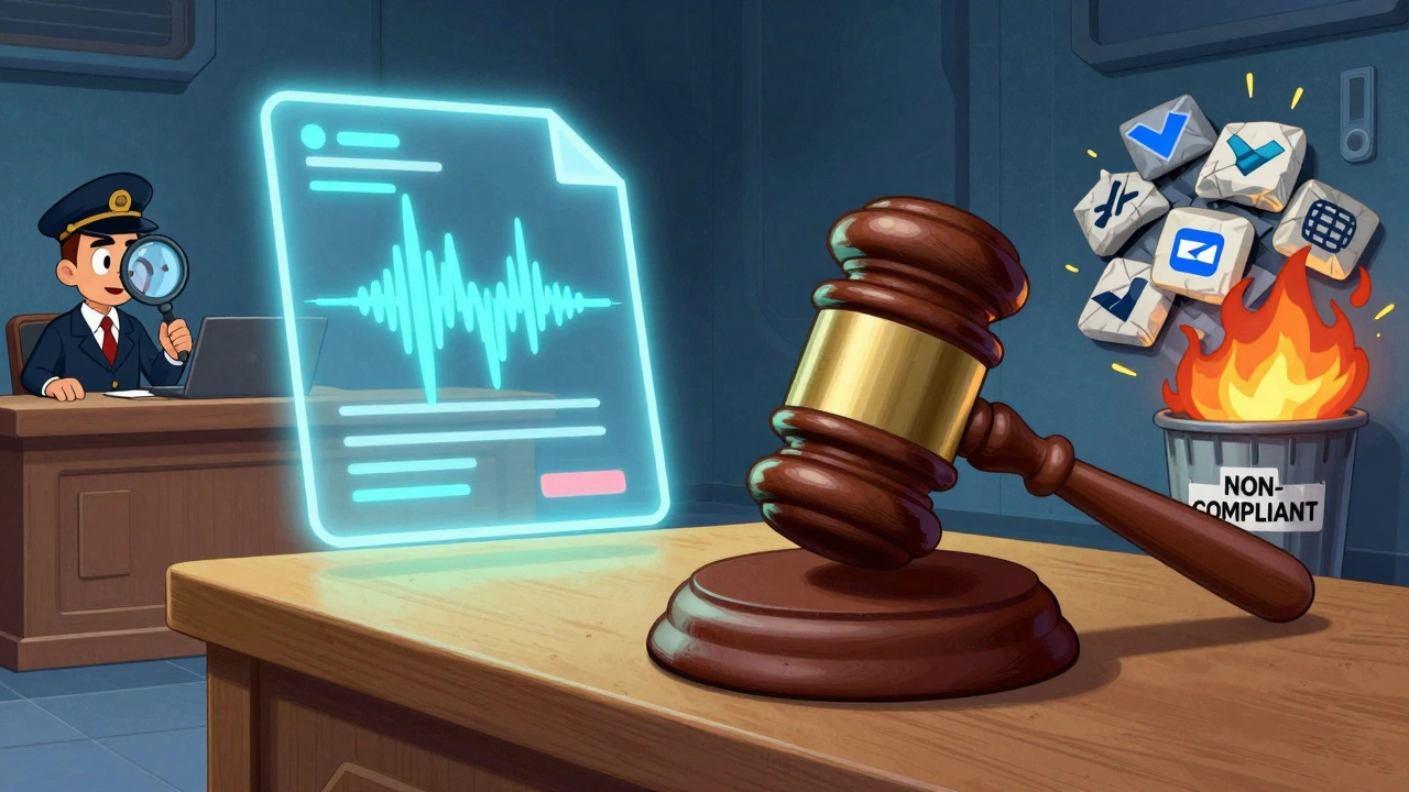 A courtroom with a blockchain recording file and AI detectives, while consumer apps burn in a trash bin.