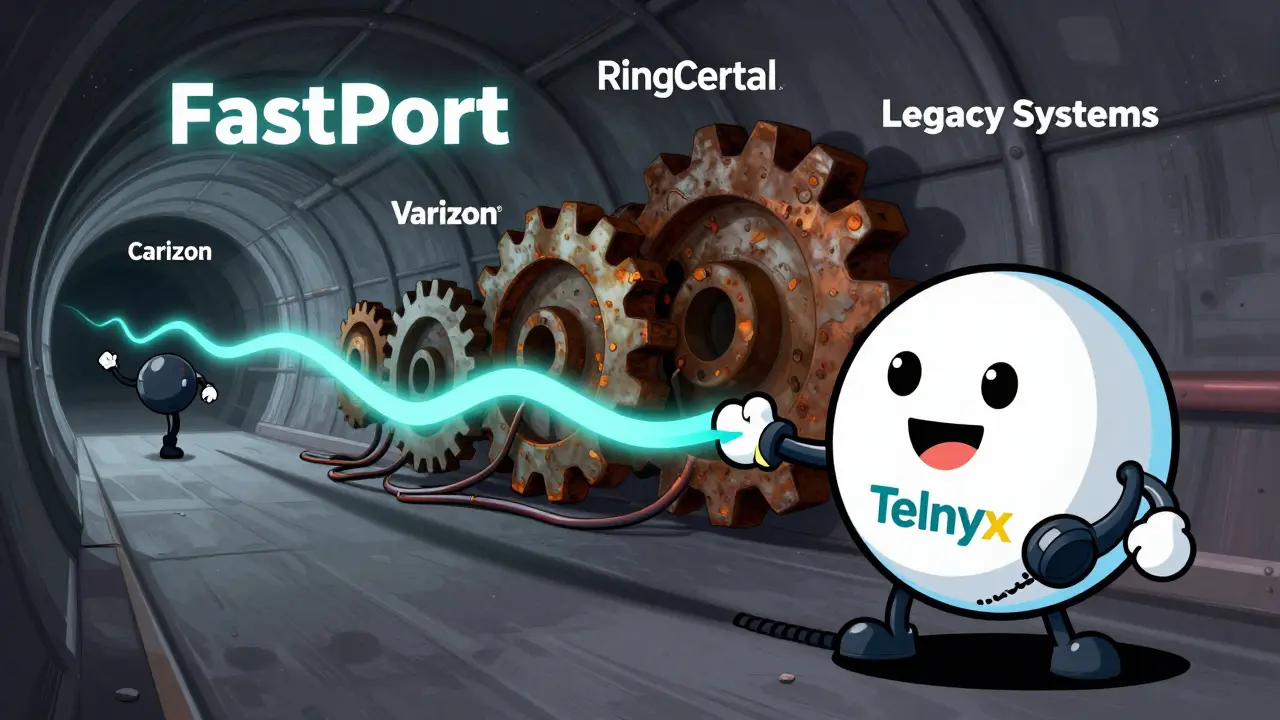 A fast VoIP provider zipping through a tunnel with a number, while slow carriers struggle with rusty gears.