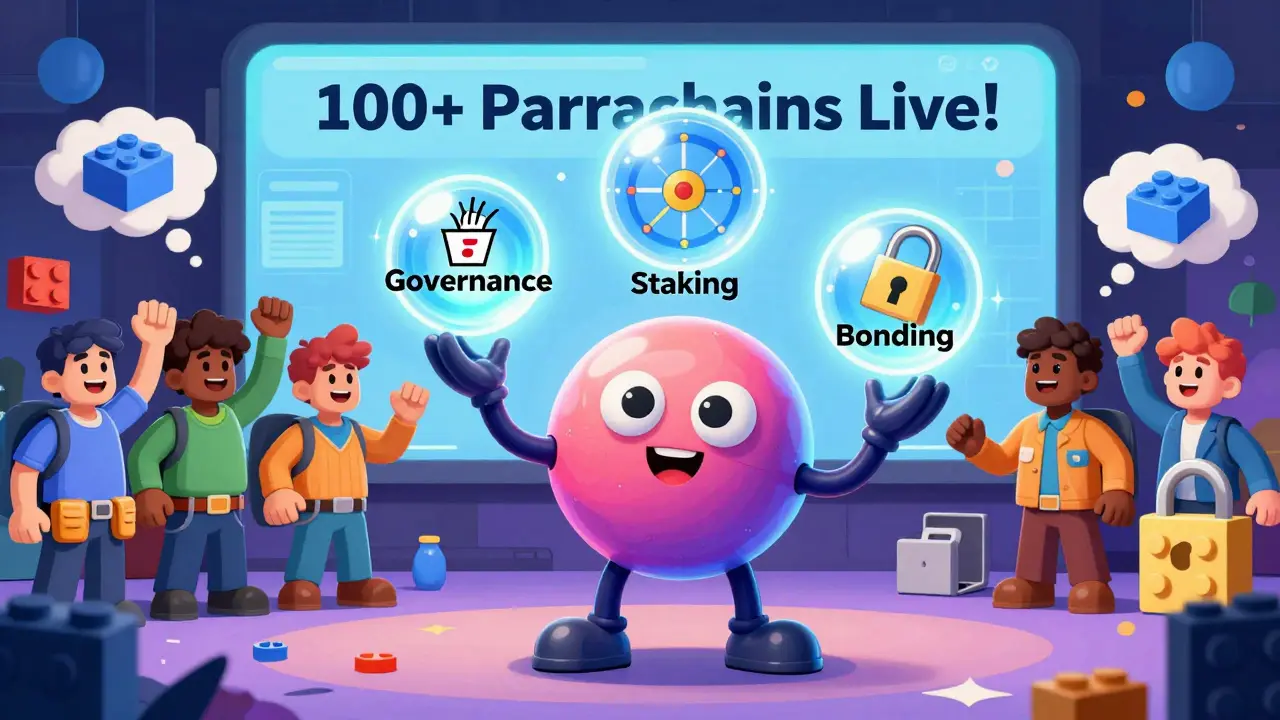 A friendly DOT token juggling three glowing orbs representing governance, staking, and bonding with developers cheering in the background.