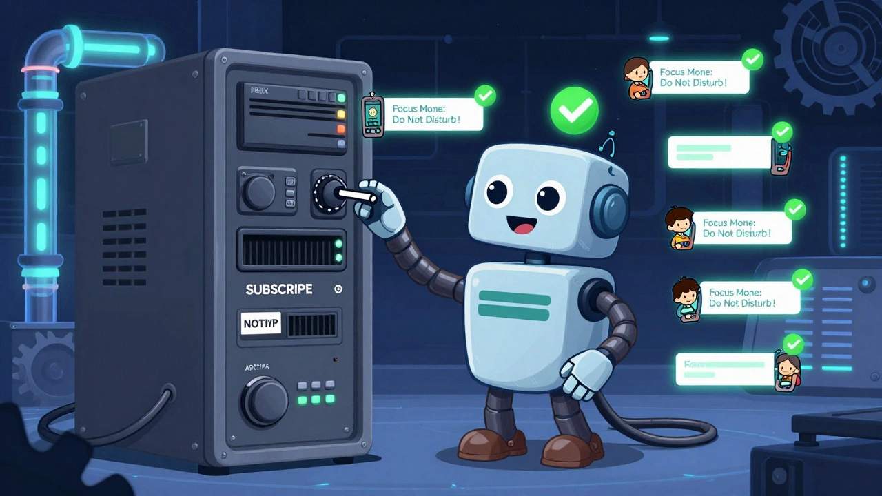 A friendly robot server syncing status updates from global users with glowing checkmarks and animated cables.