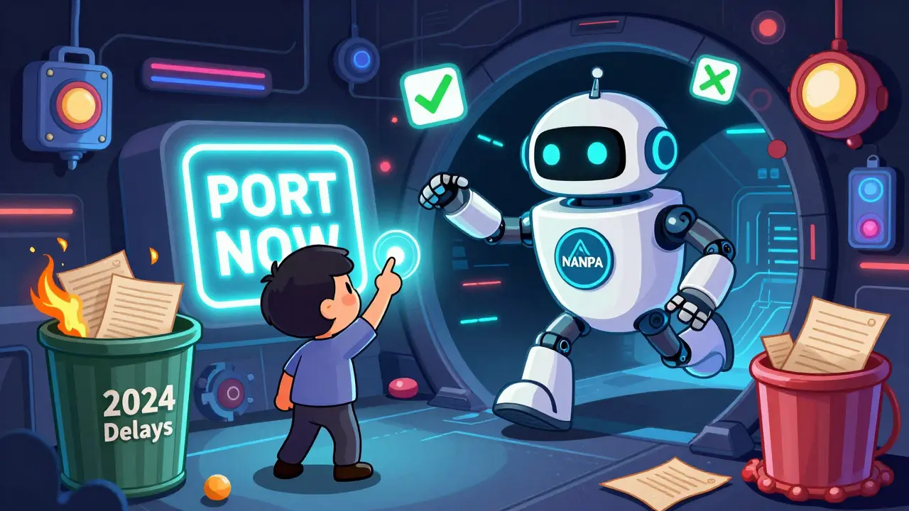 A futuristic robot syncing a toll-free number via blockchain while old documents burn in a trash can.