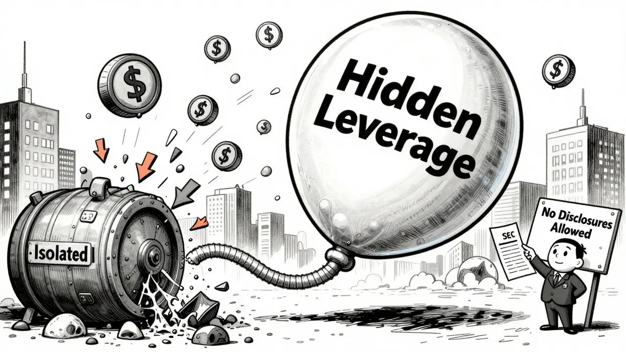 A giant 'Hidden Leverage' balloon bursting over a DeFi city, with collapsing vaults and an SEC officer handing out a fine.