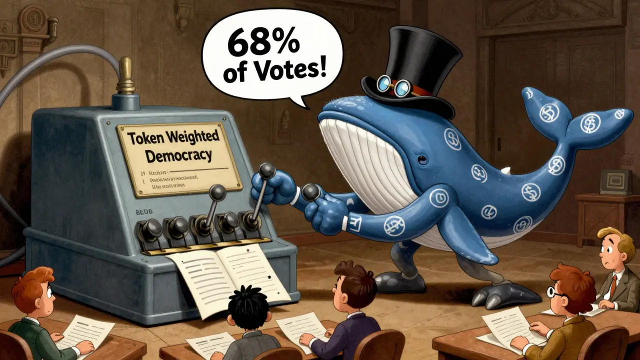 A giant whale-like figure controls a voting machine while tiny users look on confusedly.