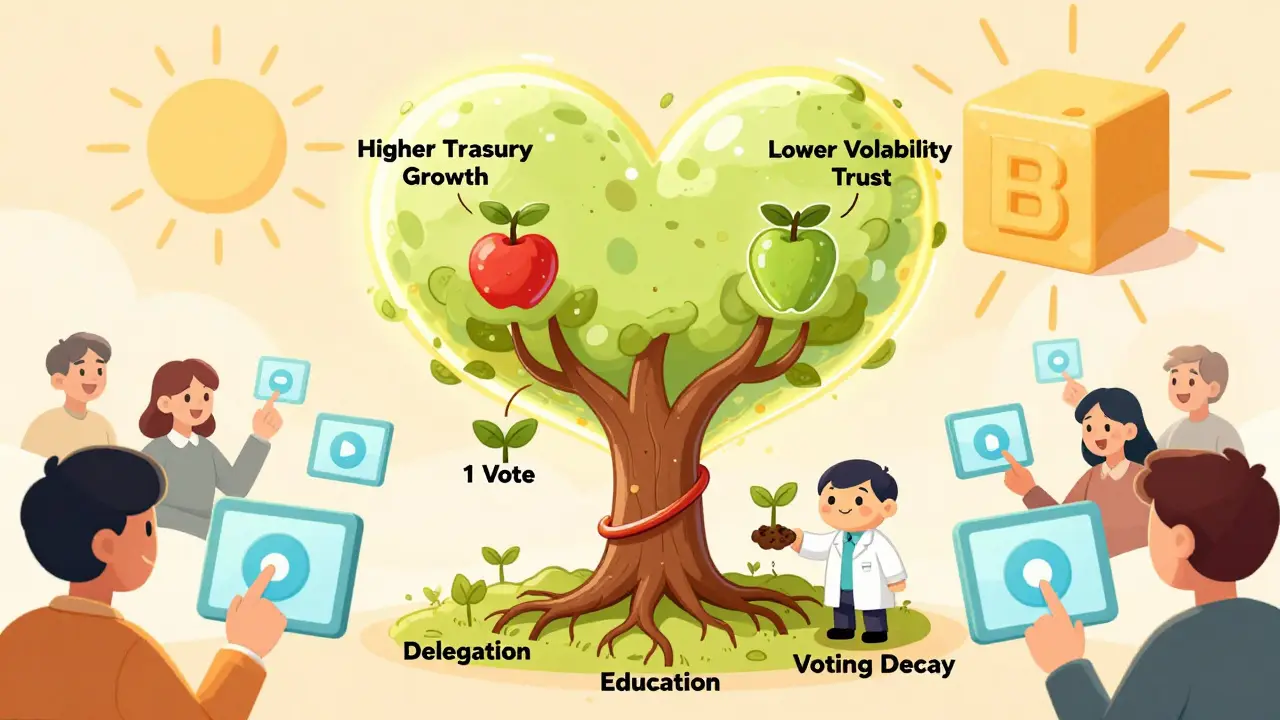A glowing governance tree grows trust and growth from community votes and education.