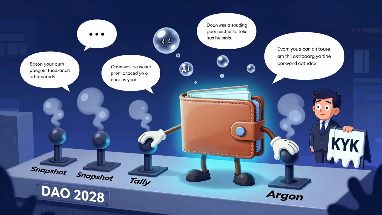 A glowing wallet controls collapsing governance tools as AI bubbles summarize votes, with a nervous SEC officer watching.