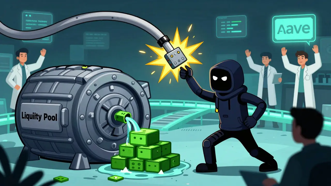 A hacker bot being stopped by a circuit breaker fuse while a cross-chain bridge glows in the background of a DeFi cartoon.
