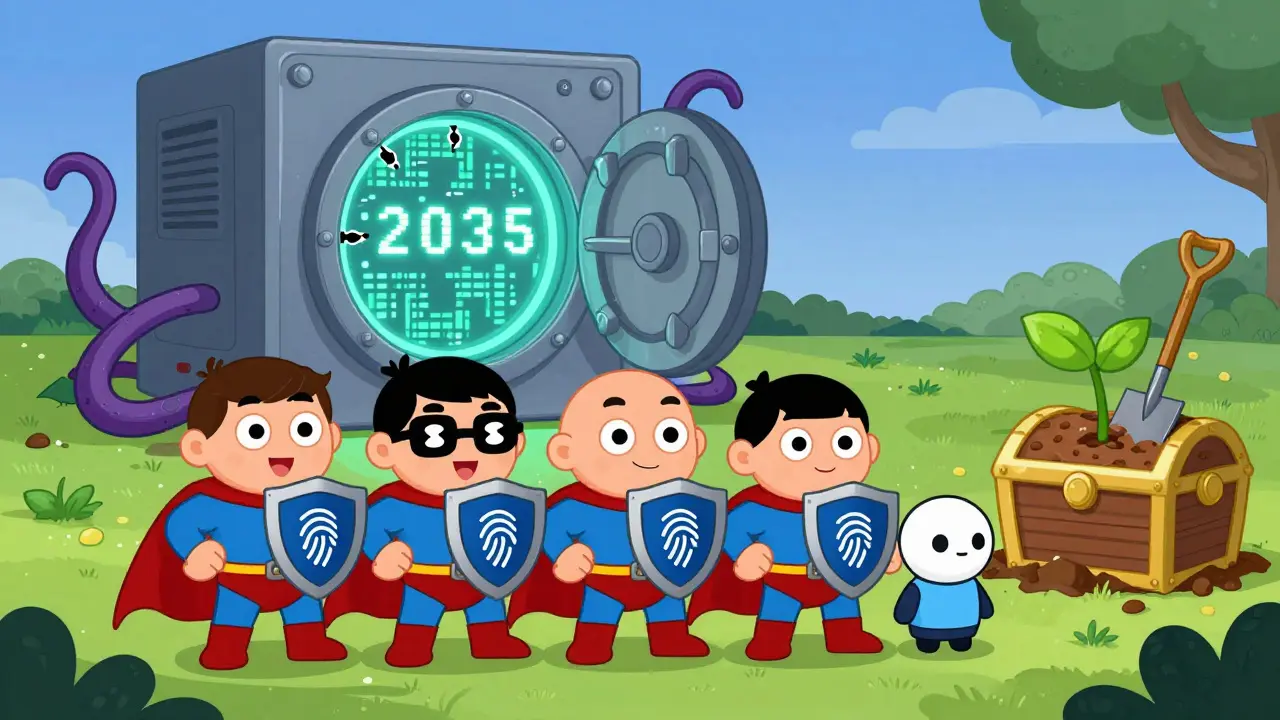 A line of cartoon hardware wallets with shields facing off against a giant quantum computer trying to crack a secure vault.