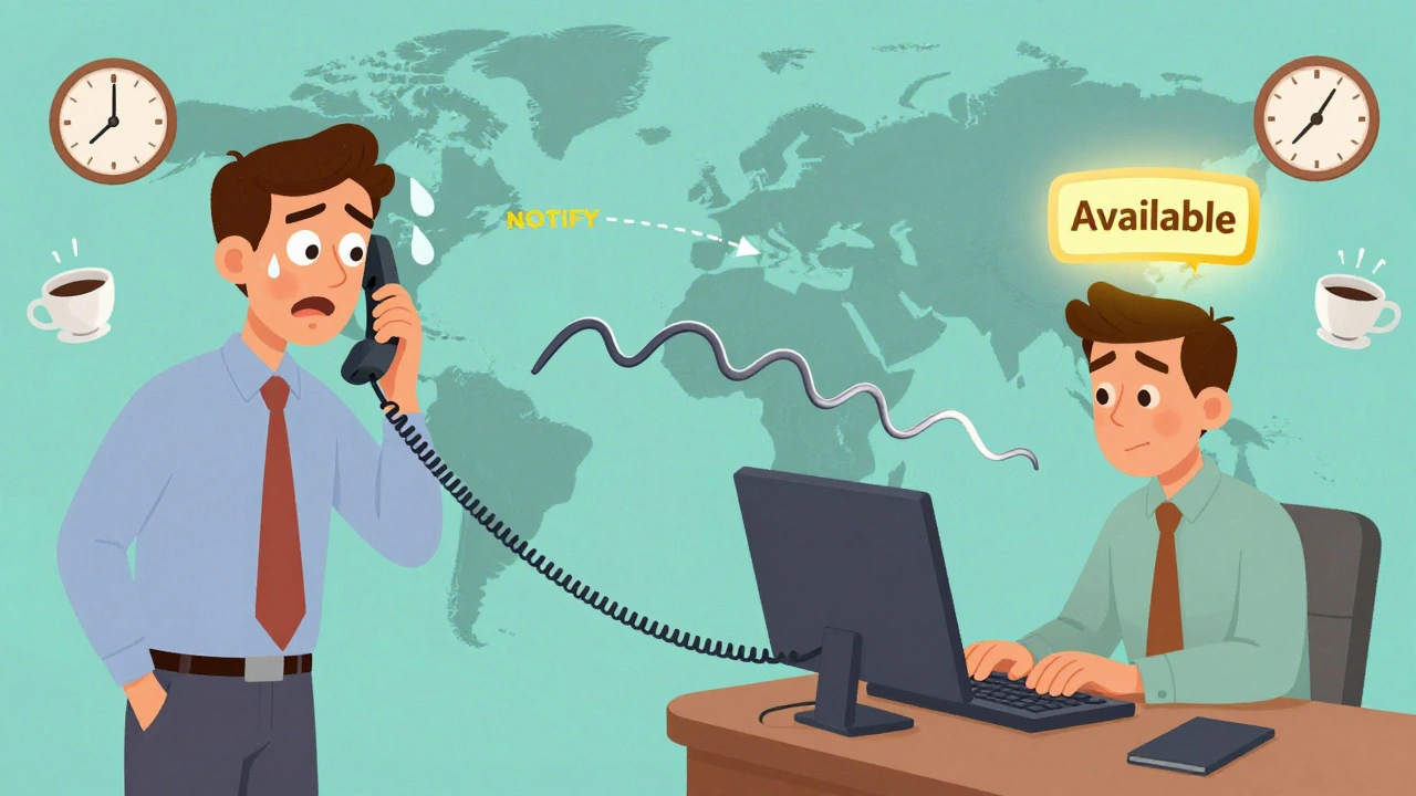 A manager calling remotely while their colleague shows 'Available' across the globe via a wobbly signal line.