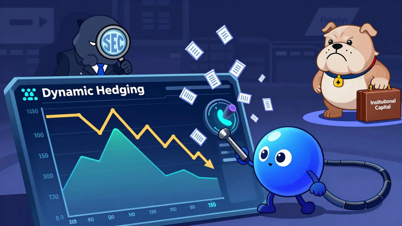 A mascot activates hedging tools to stabilize prices as regulators watch and investors approve.