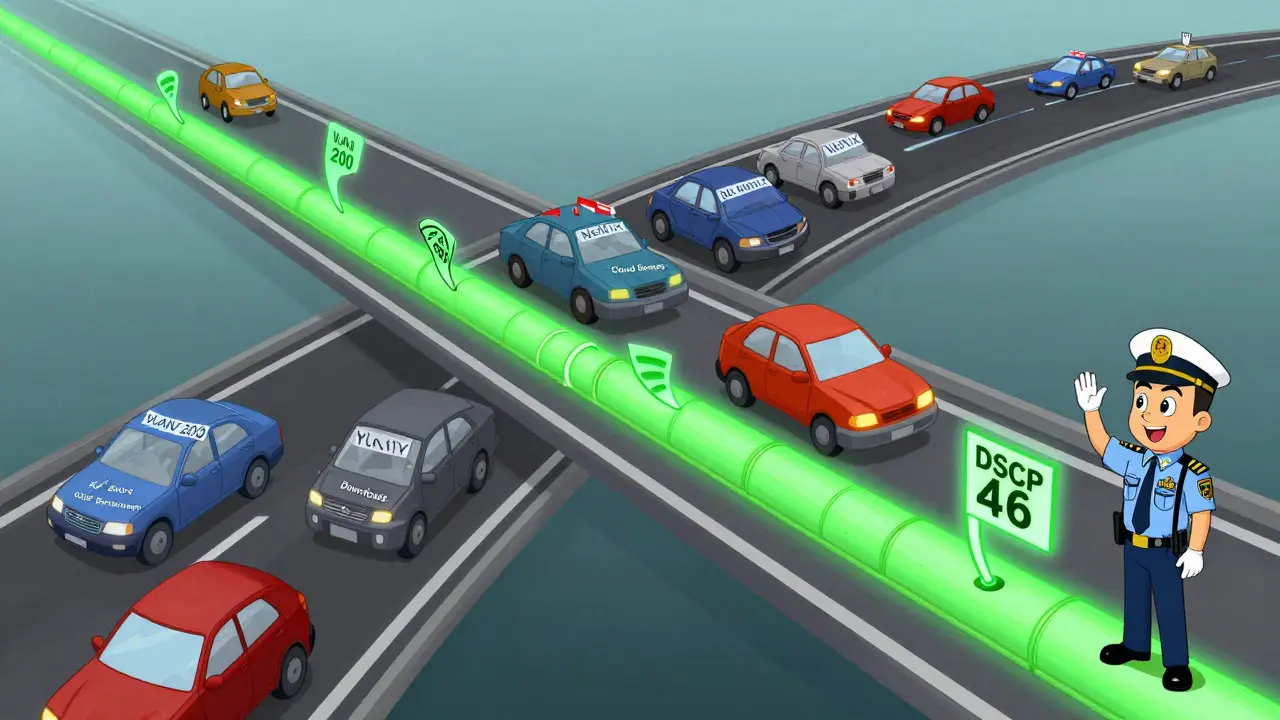 A network highway with a dedicated green lane for voice traffic, separated from crowded data lanes by a QoS traffic cop.