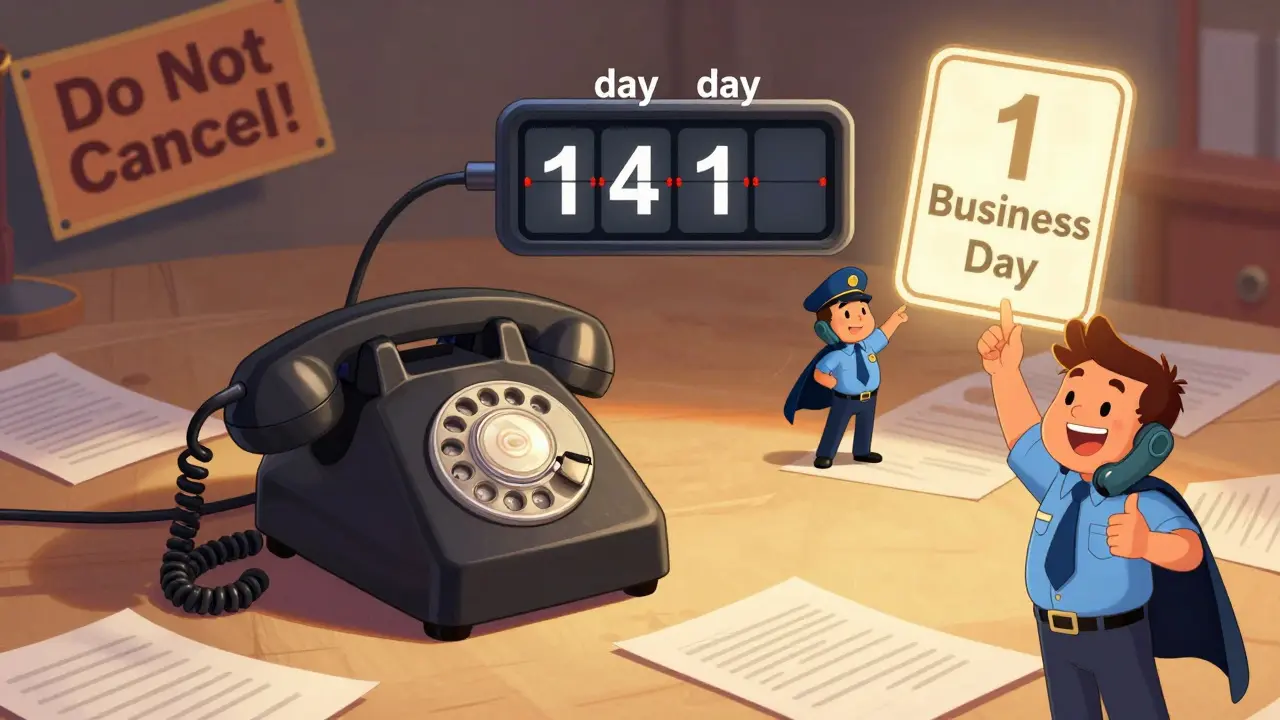 A phone transforming during porting with a 14-day countdown, watched by an FCC officer in a cartoon style.