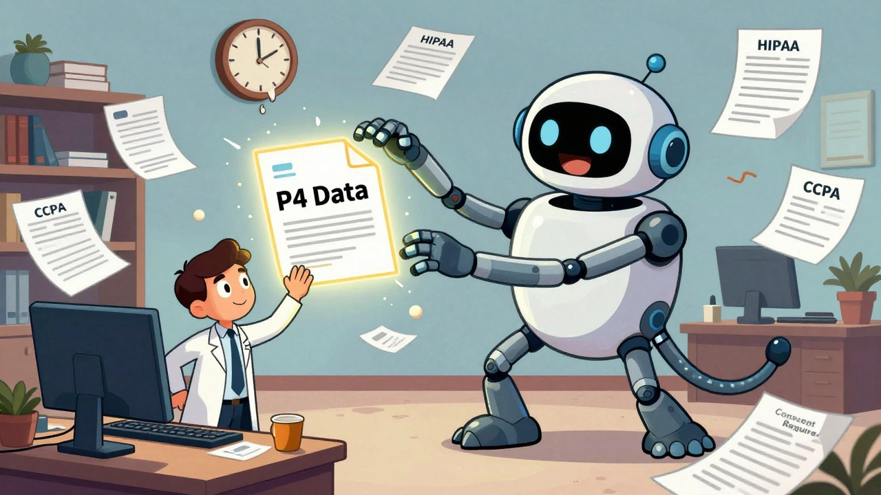 A researcher tries to delete sensitive data while a robot AI tries to steal it, surrounded by legal documents.