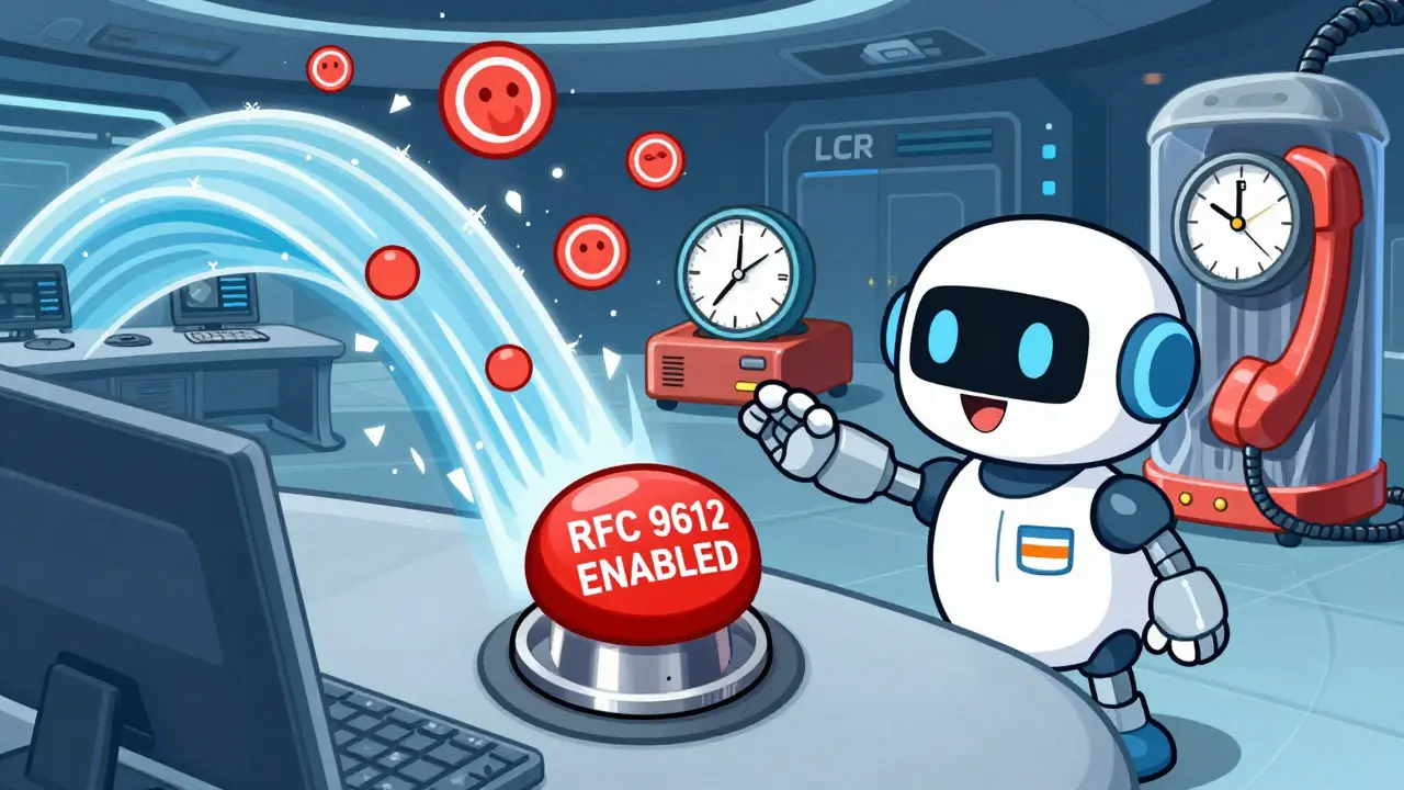A robot activates RFC 9612, turning slow calls into fast ringbacks while outdated carriers get thrown away in a cartoon control room.