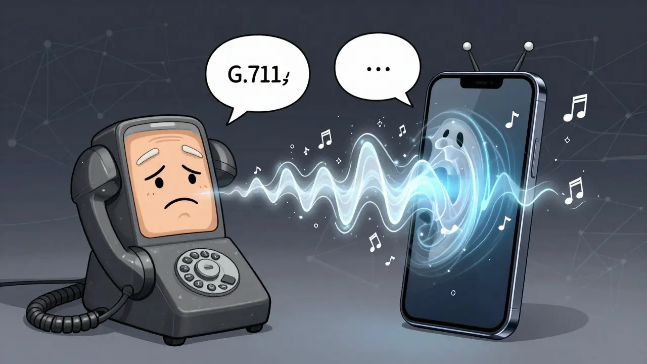 A split cartoon scene showing an old phone with silence vs. a modern phone generating smooth, flowing speech from gaps.