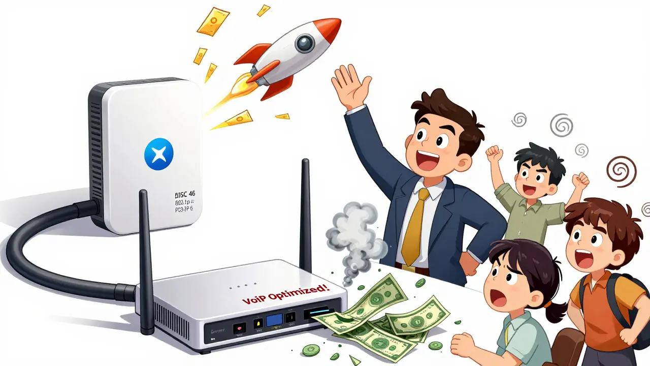 A technician celebrating correct DSCP-to-CoS mapping, while a broken router smokes nearby.