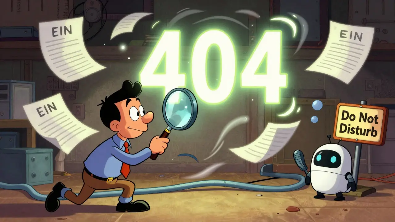 A technician examining a glowing SIP 404 error with documents and a hiding robot.
