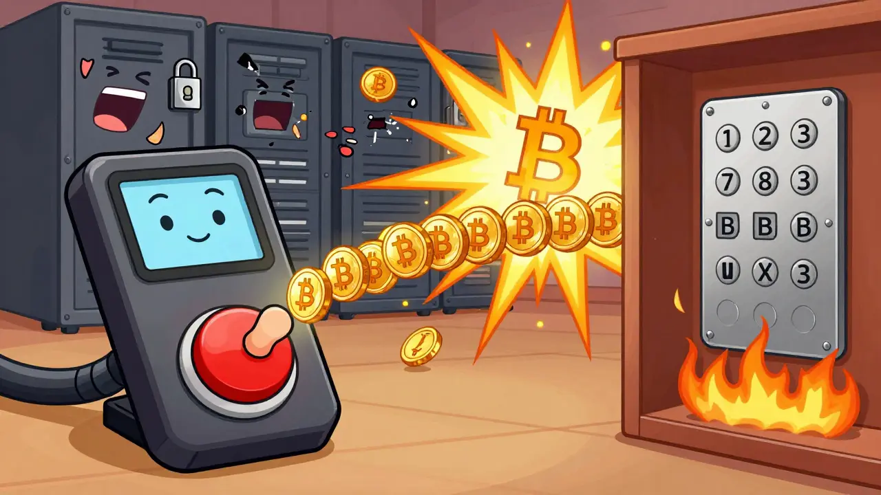 A user pressing a button on a smiling hardware wallet as crypto coins flow out, while a broken exchange server explodes nearby.