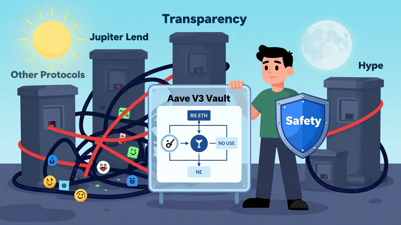 A user safe beside a transparent Aave vault with clear collateral flow, while a chaotic mess of hidden rehypothecation swirls behind.