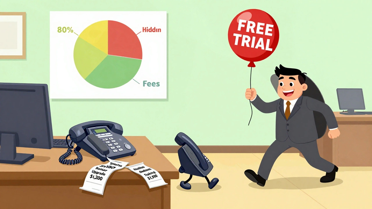 A walking IP phone leaves behind receipts for hidden fees while a sales rep holds a trapdoor balloon.