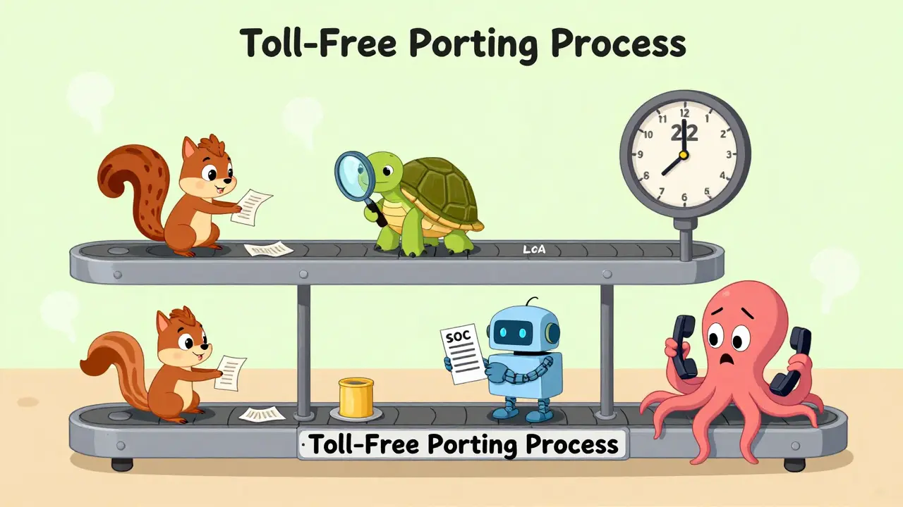A whimsical conveyor belt with characters handling toll-free porting steps, labeled '22 Days Delay'.