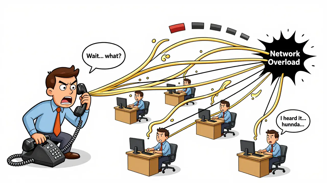 A worker making 50 separate intercom calls, each line lagging as bandwidth drains away.