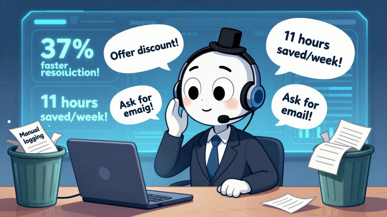 AI assistant gives real-time sales tips to a rep during a call, with efficiency stats glowing nearby.