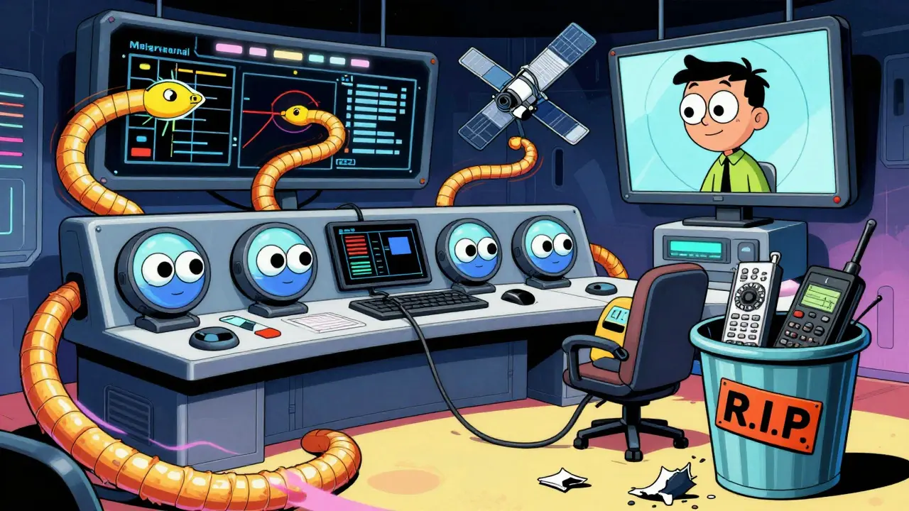 AI assistants and floating heads in a 2025 control room, with a broken analog intercom in the trash.