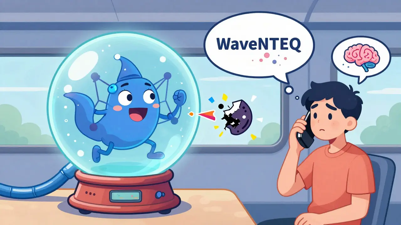 An AI genie in a crystal ball breathing sound into a broken call, turning robotic glitches into natural speech on a train.