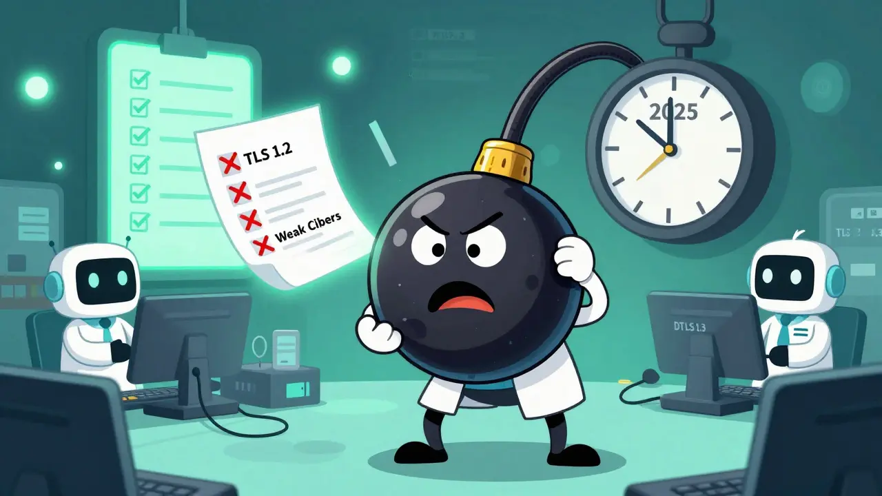 An anxious admin holding an expired certificate as robots replace old phones with secure ones.