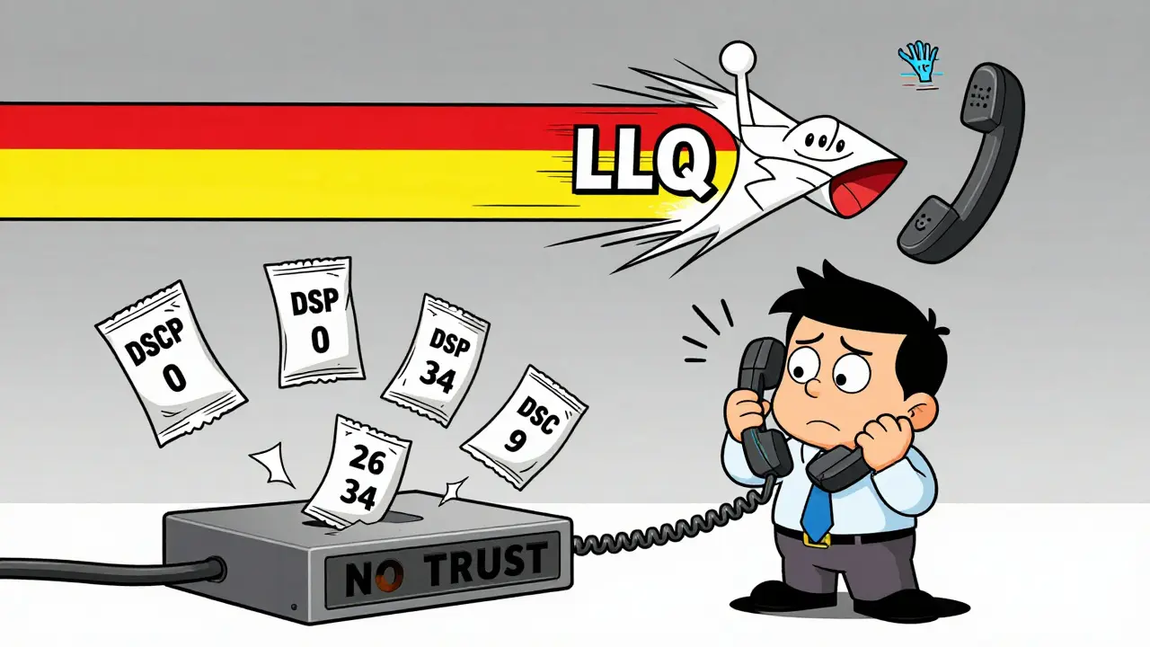 An office worker struggling with bad call quality while voice packets zip through a trusted LLQ lane.