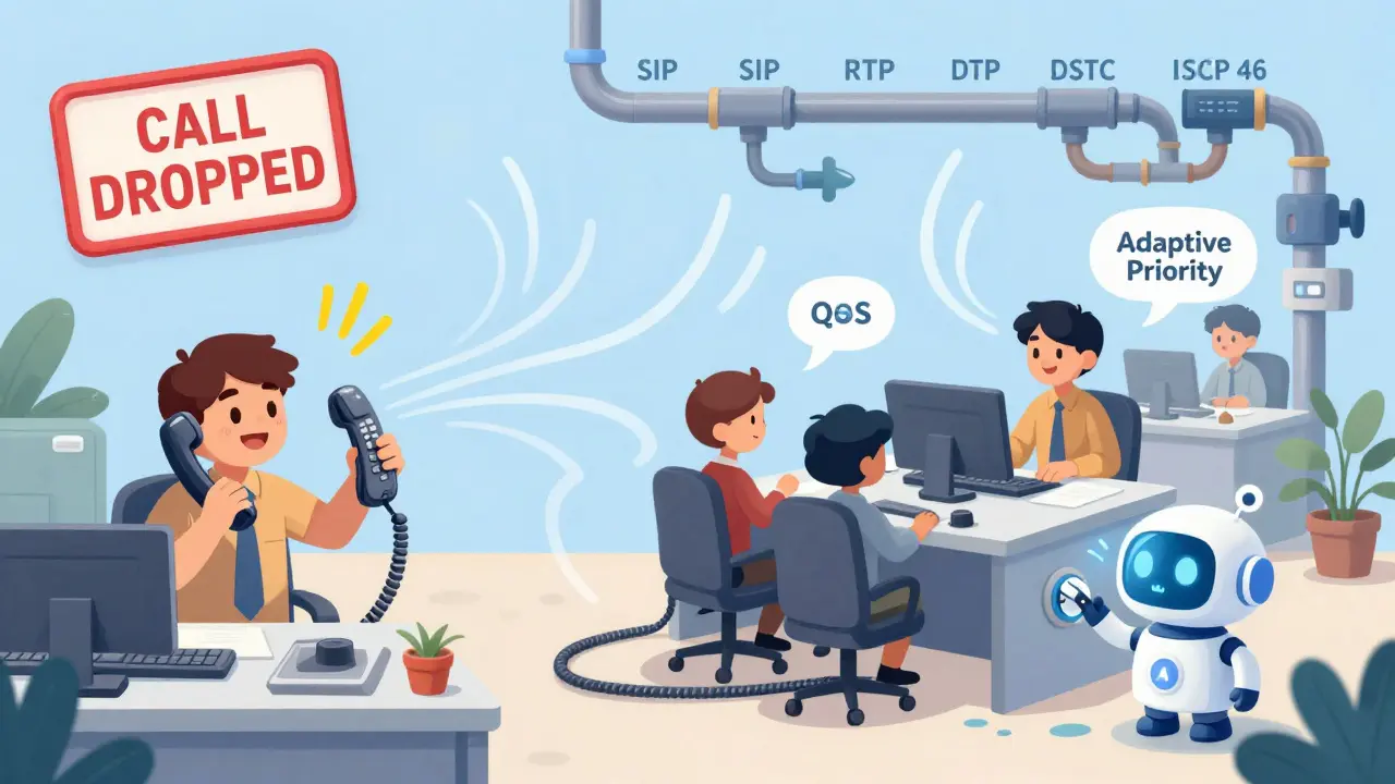 Before and after QoS: chaotic calls vs. smooth voice flow with AI adjusting priority.