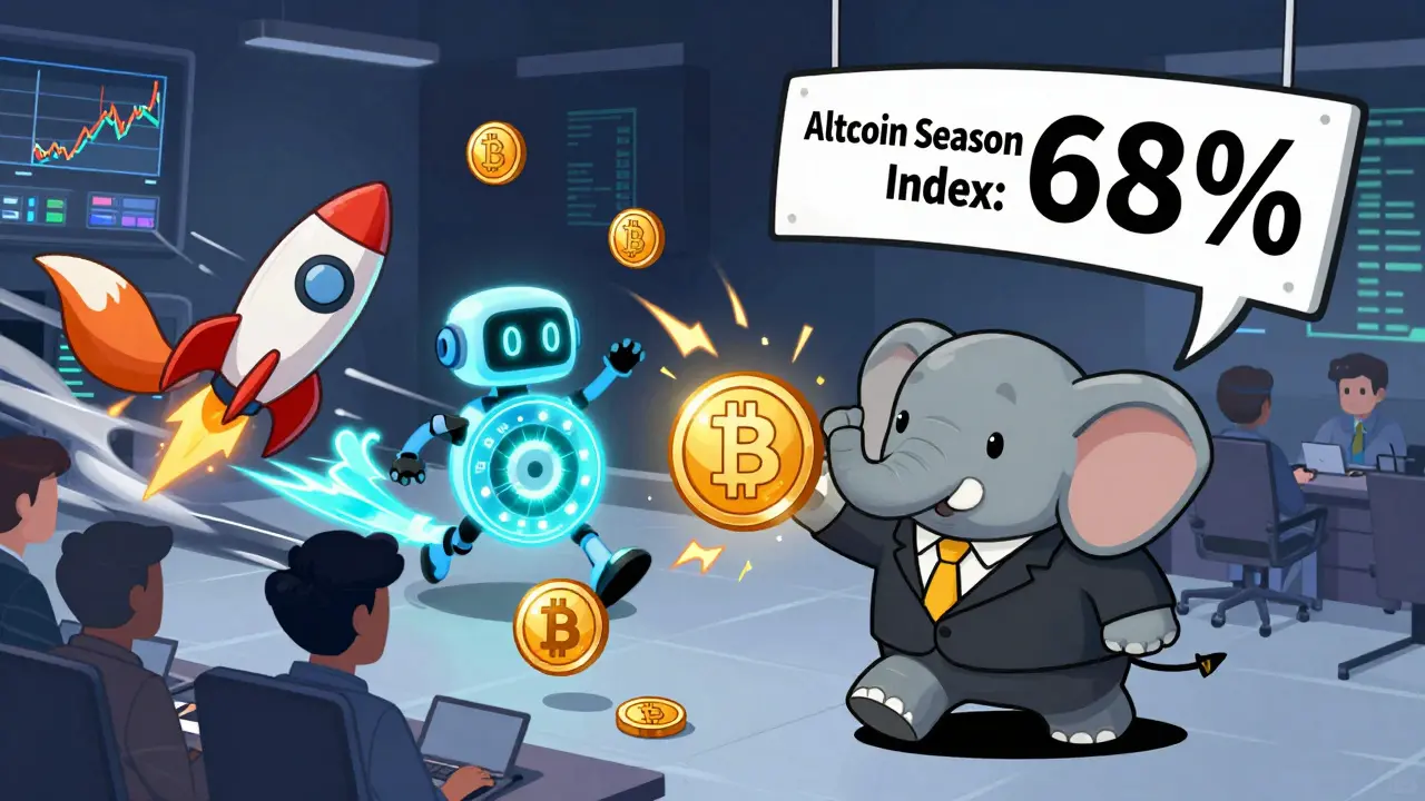 Bitcoin as a slow elephant amid wild, fast-moving altcoin animals in a bustling trading floor.