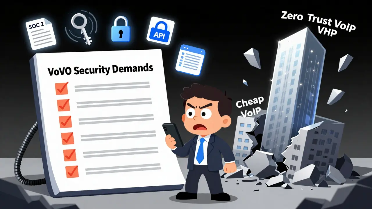 Businessperson facing a security checklist as a faulty VoIP building crumbles and a secure one rises.