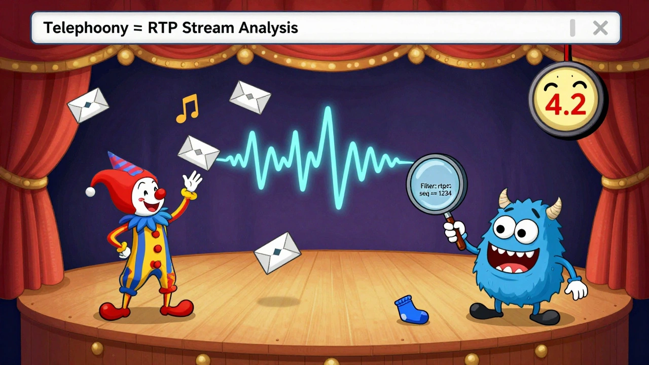 Cartoon theater stage with RTP clowns juggling audio, jitter monster stretching the stage, MOS meter showing 4.2.