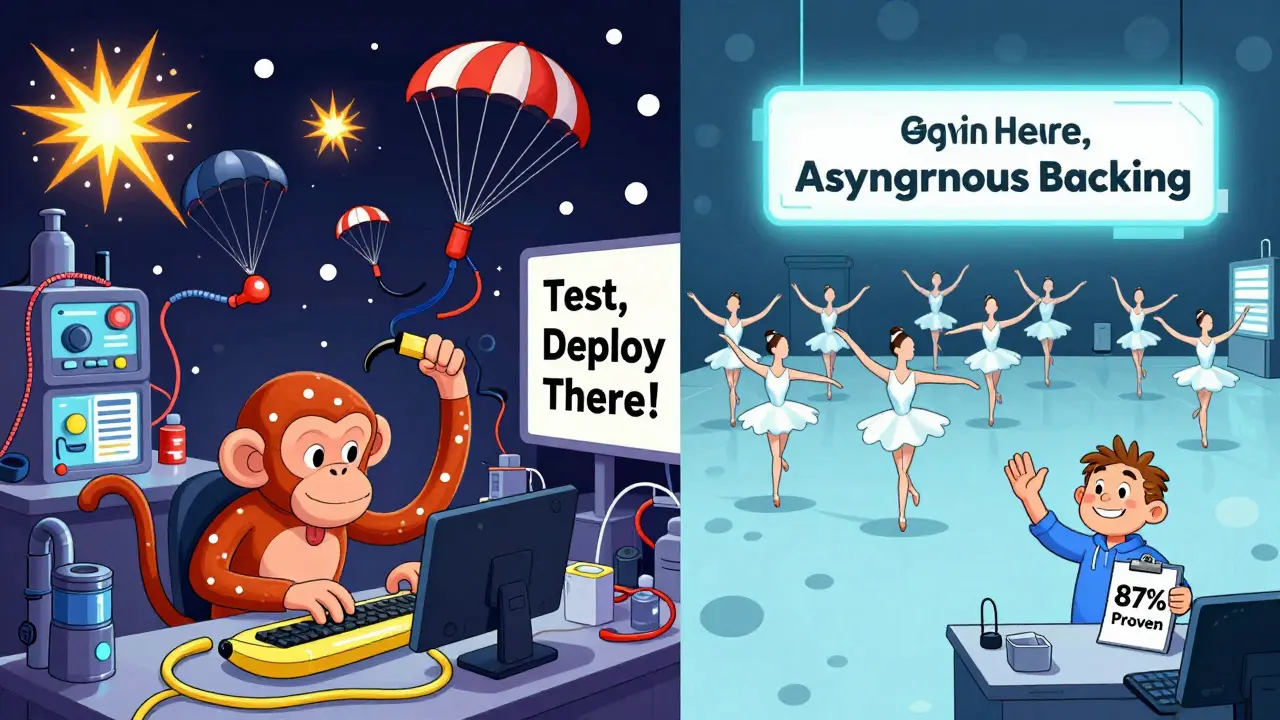 Chaotic Kusama test lab on one side, orderly Polkadot hub on the other, with Gavin Wood overseeing the contrast.