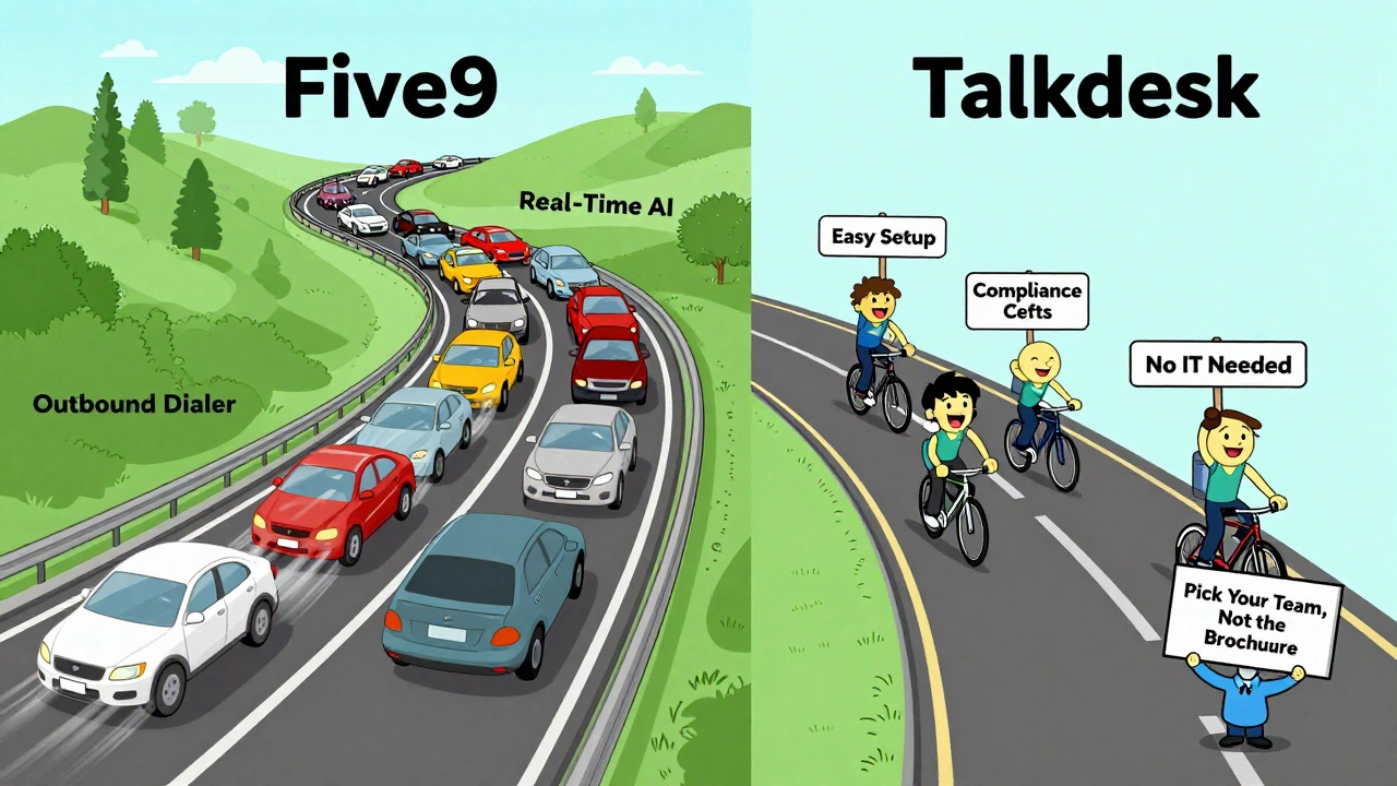 Contrasting paths: Five9's complex highway vs. Talkdesk's smooth road for contact center choices.