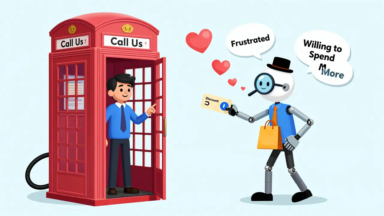 Customer clicks 'Call Us' and enters a surreal phone booth filled with emotion bubbles and AI.