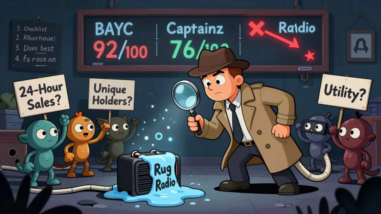 Detective NFT uncovers a melting Rug Radio NFT, surrounded by checklist signs and integrity scores.