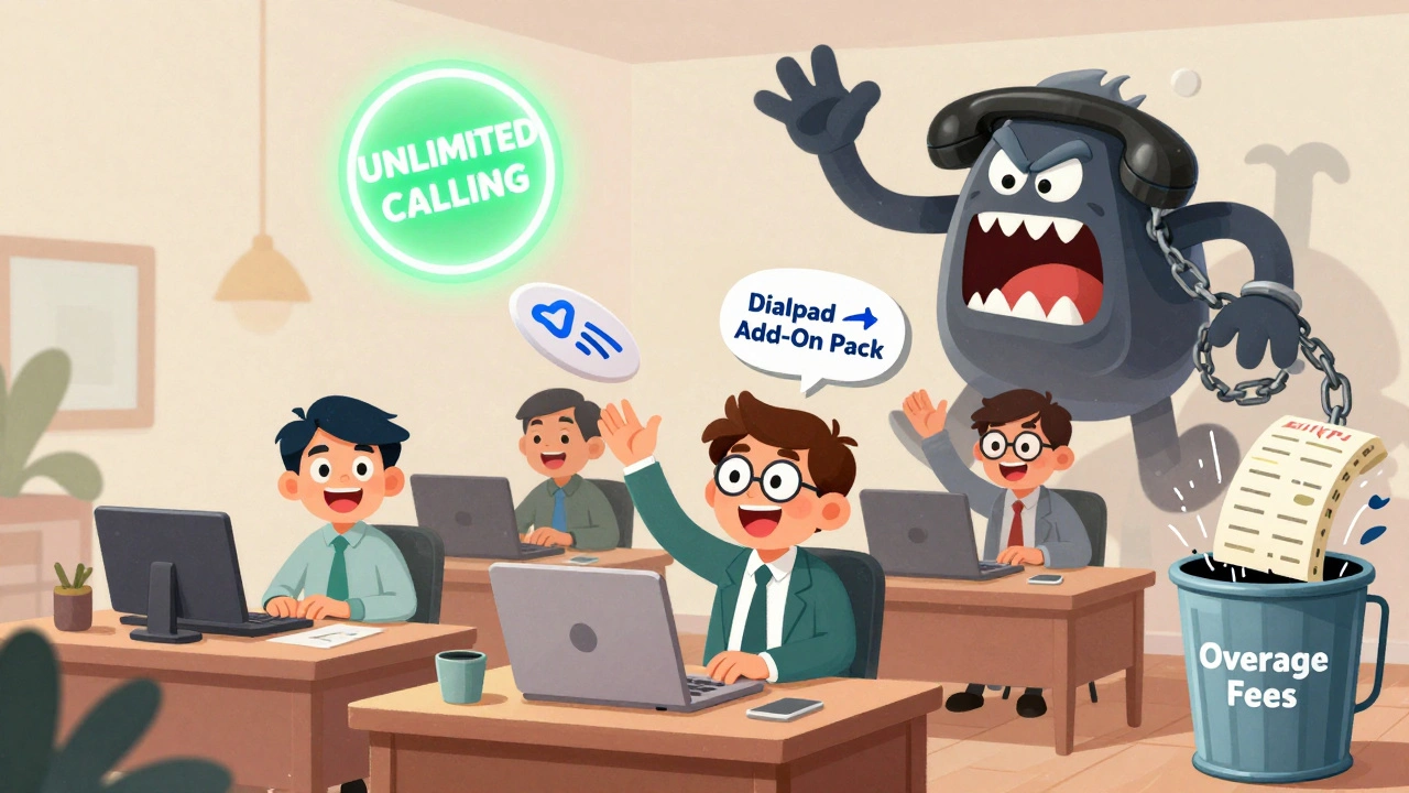 Employees celebrating unlimited calling while a defeated overage monster is tossed in trash in cartoon style.
