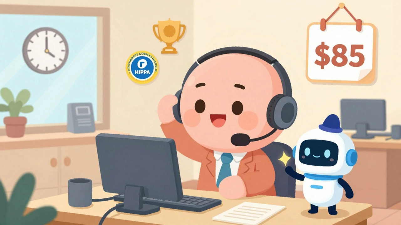 Friendly Talkdesk office with agents using simple interface and compliance badges floating on the wall.