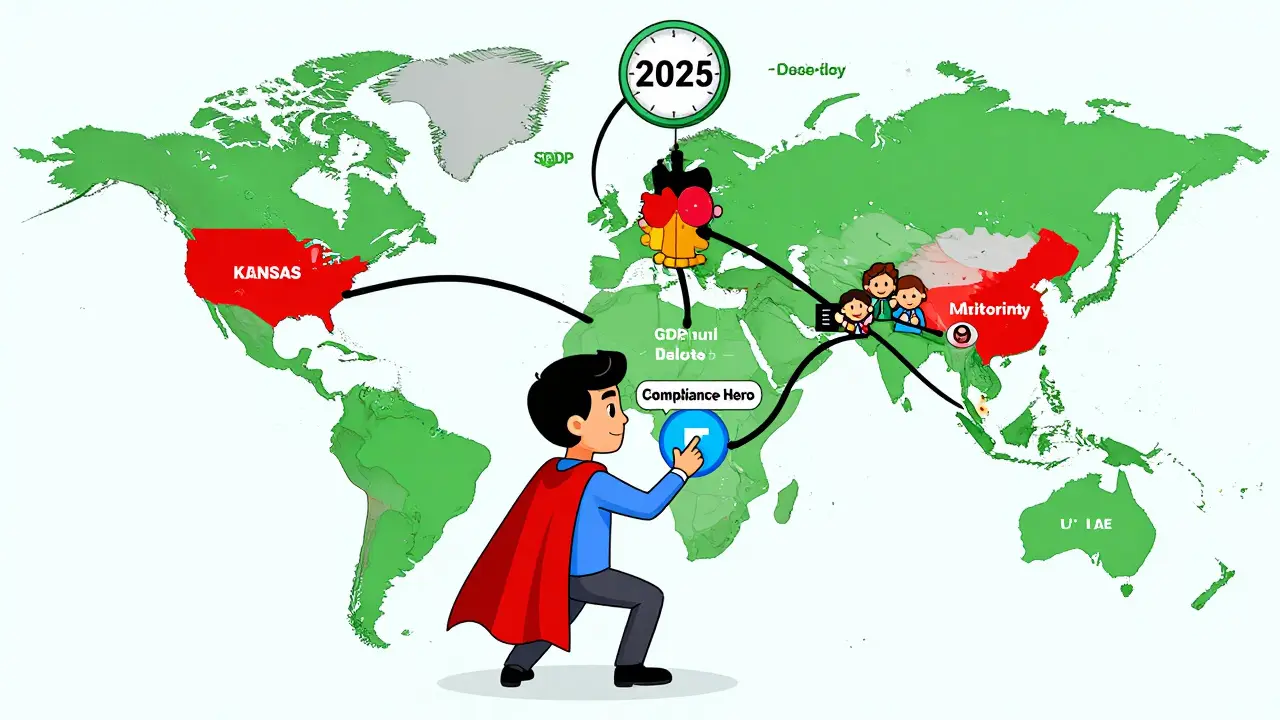 Global call map with compliance rules, hero agent managing recordings as customers smile and countdown ticks to 2025.