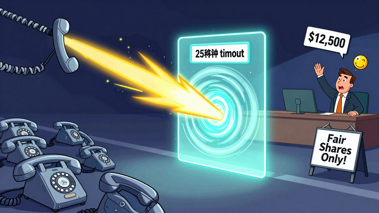 Hybrid phone system transforming from chaotic ring group into a calm queue with a glowing portal.